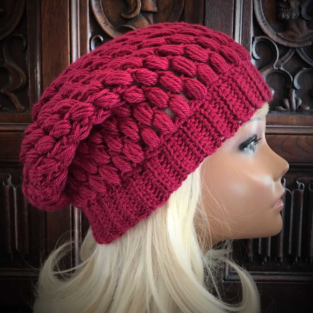 Hand Crochet Magenta Puff Stitch Slouchy Hat